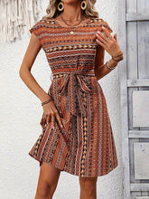 Printed Tied Waist A-Line Loose Round-Neck Mini Dresses